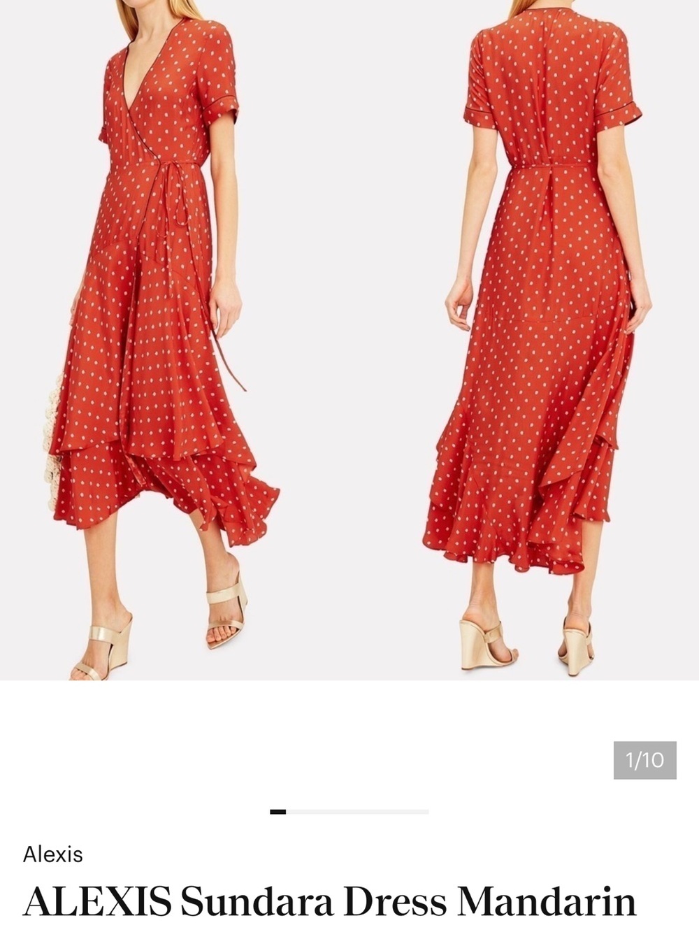 Alexis Mandarin Red Wrap Midi Dress with Subtle Dot Print